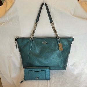 Coach Metallic Teal Ava Tote and Wallet